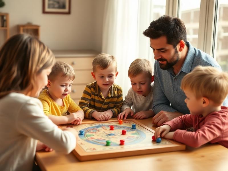Family of children and an adult playing a colourful board game around a table