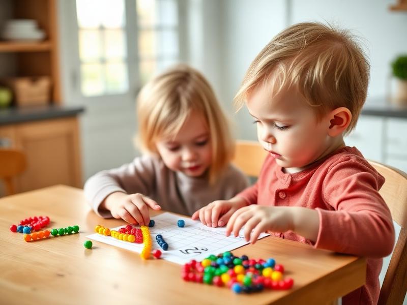 Two young children counting colourful beads on a chart at a kitchen table