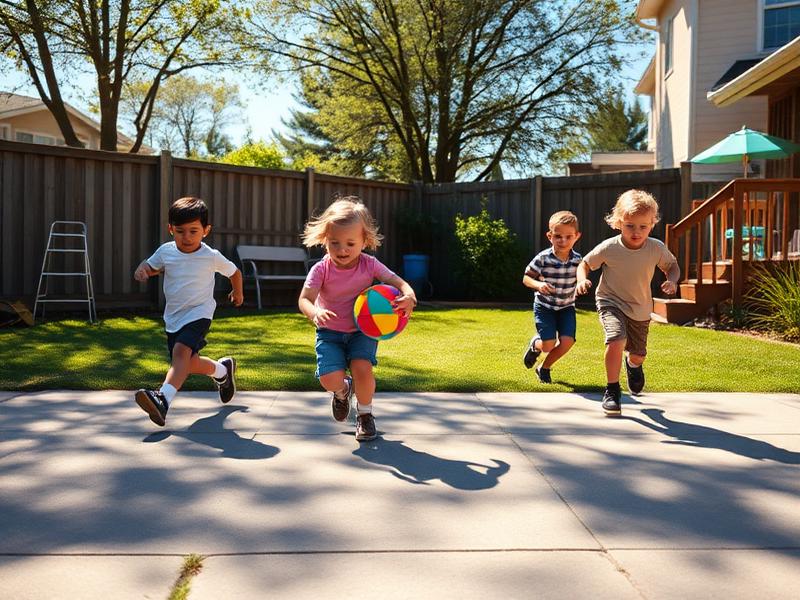 Four children running and playing with a ball on a sunny driveway