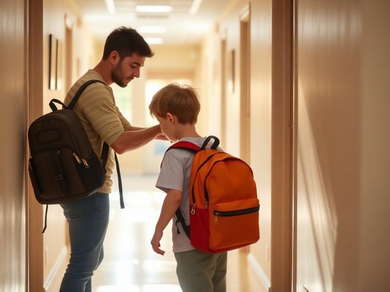Parent helping a child put on a school backpack in a bright hallway